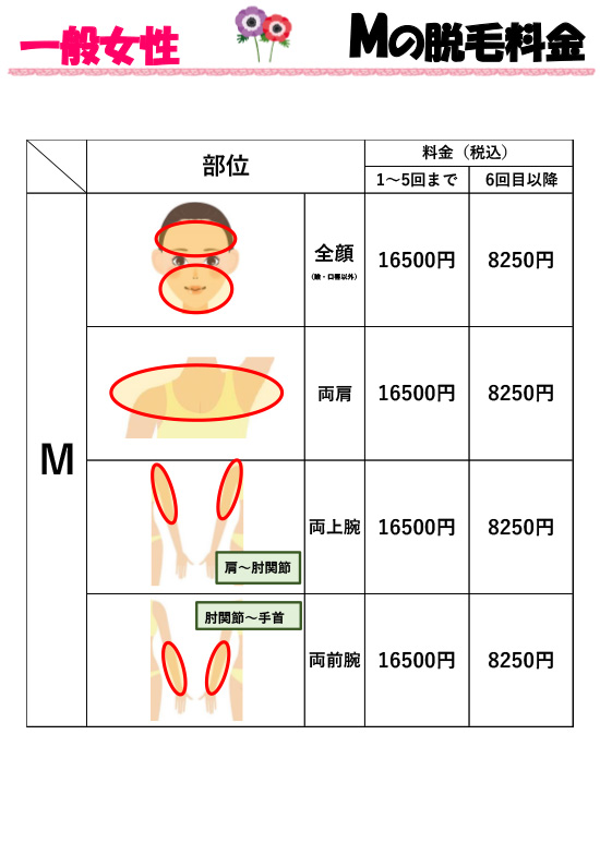 一般女性料金表 Mの脱毛料金