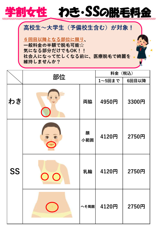 学割女性料金表 わき・SSの脱毛料金