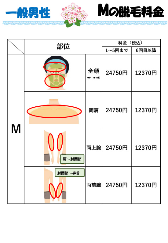 一般男性料金表 Mの脱毛料金